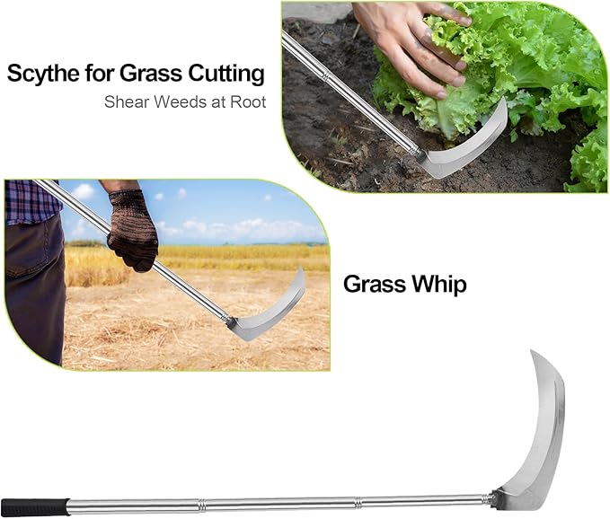 Sickle Weeding Garden Tool, Hand Weed Scythe for Grass Cutting, Billhook for Vines Bushes Cutter for Yard, Fields, Lawn and Ditches, Scythes Knife Tool for Farming Harvesting -Long Handle