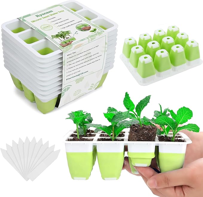 Ryscam 10pcs Reusable Seed Starter Tray, 120 Cells Seed Starter Kit, Silicone Seedling Starter Trays for Starting Plant Seeds with Flexible pop-Out Cells, Indoor Gardening Plant Germination Trays