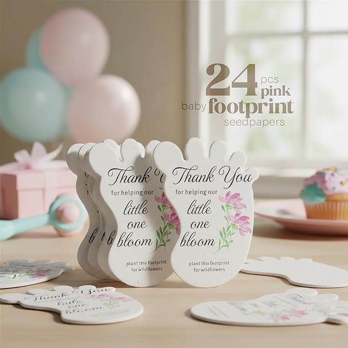 Seed Bloom Footprint-Shaped Seed Paper – 24 pcs Pink Shower Favors for Guests with Wildflower Seeds, Writable & Plantable, Gender Reveal, Birthday Gifts for Guest