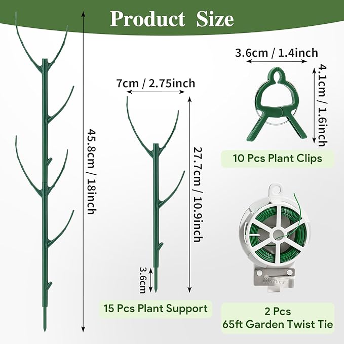 15 Packs Stackable Monstera Plant Support, 11 inch Plant Stakes with 131ft Garden Twist Tie & 10 Plant Clips for Indoor and Outdoor Plants Use Garden Trellis for Climbing and Potted Plants
