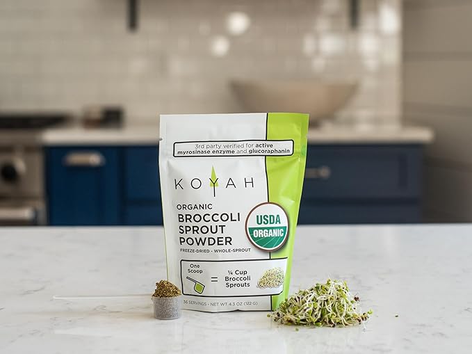 KOYAH - Organic USA Broccoli Sprout Powder (1 Scoop = 1/4 Cup Sprouts): 36 Servings, Freeze-Dried, Tested for Active Myrosinase and Glucoraphanin (Sulforaphane Glucosinolate)
