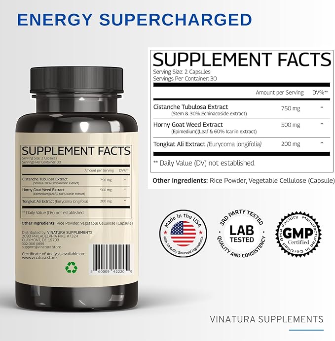 VINATURA Cistanche with Horny Goat Weed 60% Icariin - 1250mg per Serving, Cistanche Tubulosa, Cistanche Supplement Men, Energy, Strength Cognitive *USA Made and Tested* - 60 Capsules 30 Servings