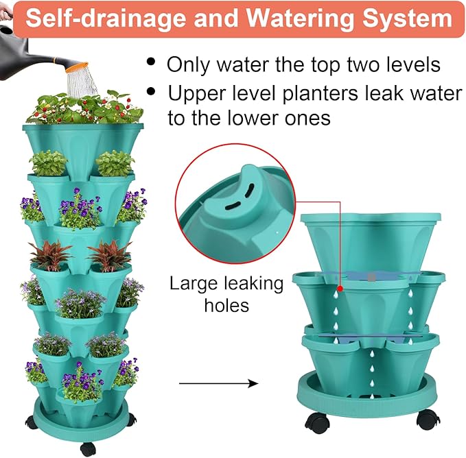 GameXcel Vertical Planter, 7 Tier Stackable Strawberry Planter with Garden Tool Set, Movable Indoor/Outdoor Garden Herb Pot for Growing Vegetables and Succulents, Teal