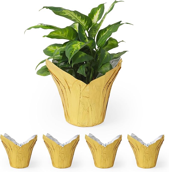 6” AZA Plant Pot Covers, Decorative Plant Sleeve for Indoor & Outdoor House Plants, Reusable and Gift-Ready Foil Wrap for Flower Pots, Gold, Pack of 5