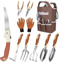 10-Piece Garden Tool Set, Brown Gardening Hand Tools with Non-Slip Handles, Heavy Duty Rust-Proof Aluminum Tools, Organizer Tote Bag & Gardening Gloves, Ideal Gardening Gifts for Women and Men