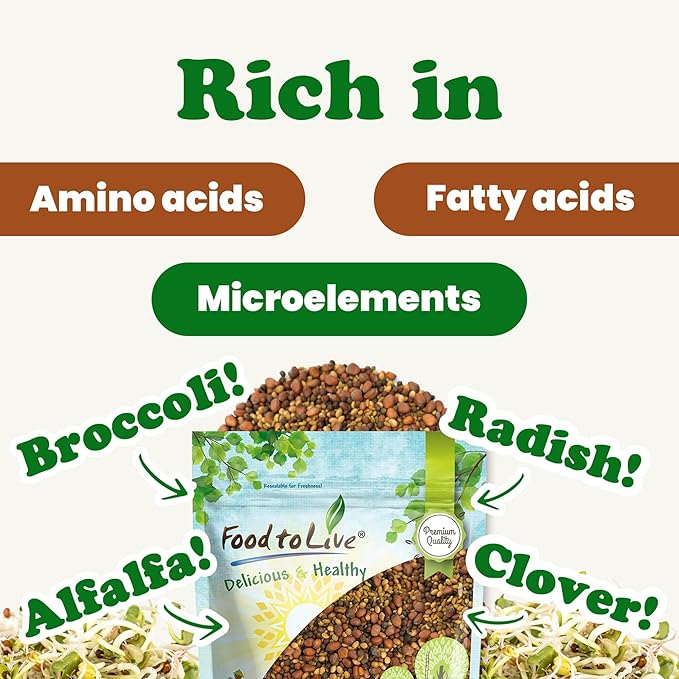 Food to Live - Salad Mix of Sprouting Seeds, 1 Pound Broccoli, Clover, Radish, Alfalfa, Kosher, Raw, Vegan
