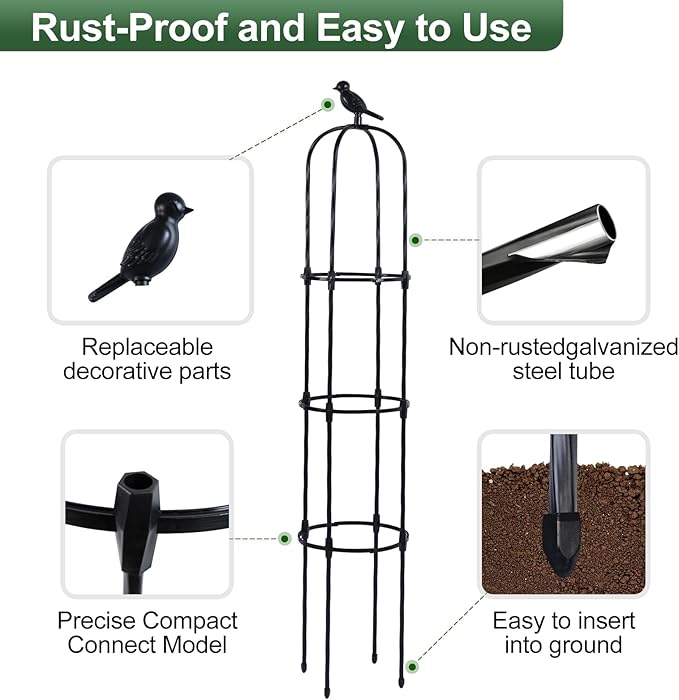 Lalahoni Garden Obelisk Trellis for Climbing Plants Outdoor, 6ft Round Rose Trellis for Pots, Metal Plant Support for Clematis, Jasmine, Ivy, Decorative Outdoor Trellis, Black, 1 Pack