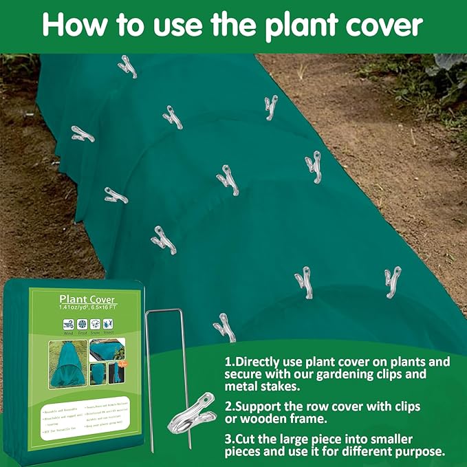 Plant Covers Freeze Protection, 6.5ft x 16ft 1.41 oz/yd² Frost Cloth Plant Blankets Floating Row Covers with 15 Stainless Steel Clips for Winter Plants Gardens Frost/Sun Pests Protection, Dark Green