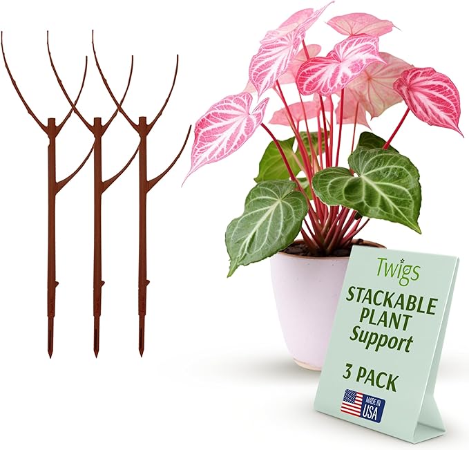 Stackable Plant Support Stakes, Indoor & Outdoor Houseplant Stem Support, Garden Accessories, Durable Trellis Alternative for Climbing & Potted Plants - Begonia Red, 3 Pack, 17" L
