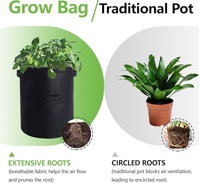 4 Pack Potato Growing Bag with Flap 10 Gallon Planter Pots with Handles and Harvest Window for Potato Tomato and Vegetables, Black Green Orange and Beige