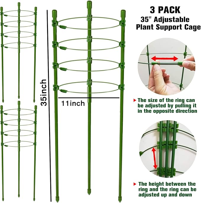 Legigo 3 Packs Plant Support Cages Tomato Cage for Garden- 36 Inch Adjustable Garden Cucumber Trellis Plant Stakes, Trellis Support Rings for Climbing Plants, Pots, Indoor Plants with 10 Plant Clips