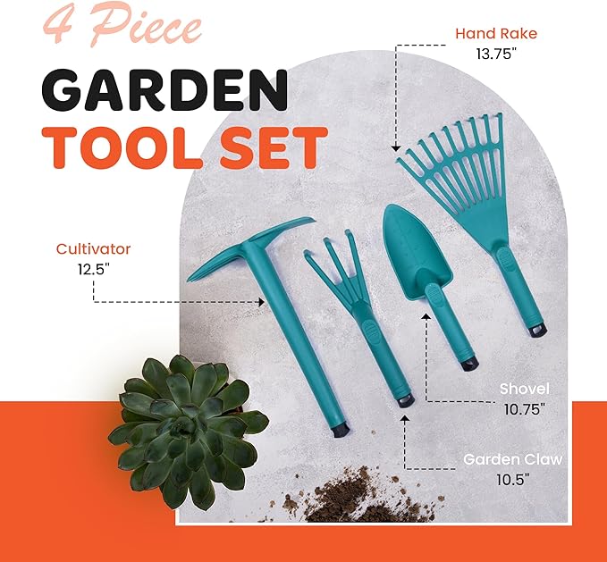 Mintra Garden Tool Set, 4 Piece Heavy Duty Gardening Tools Including Cultivator, Trowel, Shovel & Rake, Durable Poly Material & Non-Slip Handle, Garden Hand Tools Set for Gardening Gift, Black