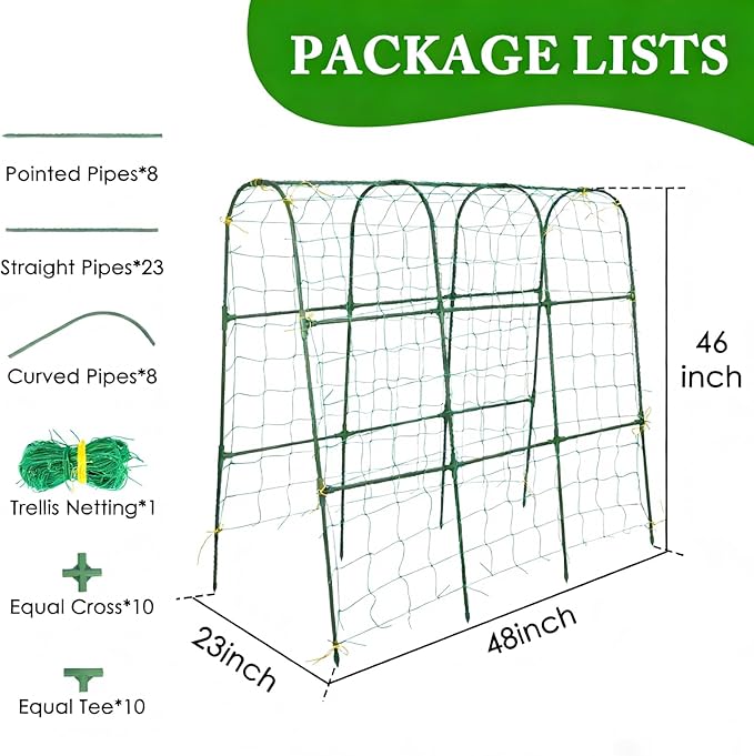 Cucumber Trellis for Climbing Plants Outdoors, U-Shape Garden Trellis for Raised Bed with Netting, Plant Support Structures for Vegetables, Grape, Bean, Tomato, Vines, 48 * 46 inch, Green