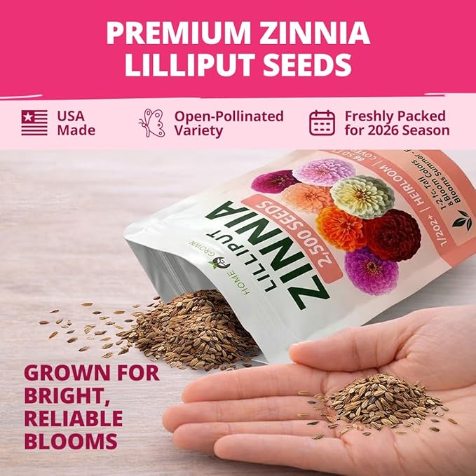 HOME GROWN Zinnia Lilliput Mix Flower Seeds for Planting Spring 2026 – 2500 Seeds (2g) Zinnia elegans – Colorful Zinnia Seed Mix for Garden Beds, Containers & Cut Flowers, Easy Grow Zinnia Seeds