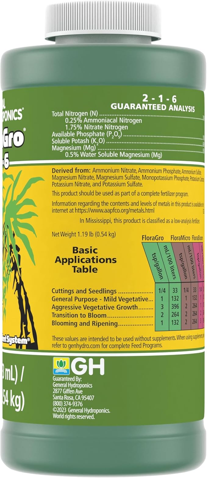 General Hydroponics FloraGro 2-1-6 Plant Food, Part of FloraSeries Advanced Nutrient System for Plants, 16 oz.