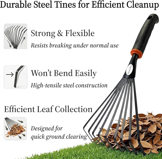 Garden Hand Rake, 2 Pack Leaf Rake with Durable Steel Tines, Small Shrub Rake with Ergonomic Non-Slip Handle for Lawn, Leaves, Soil, Flower Beds & Yard Cleanup