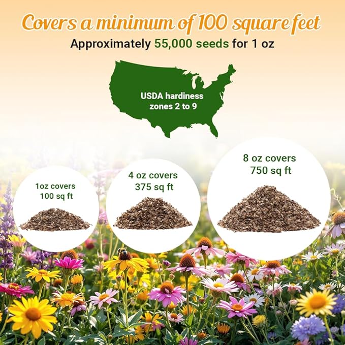 Drought Resistant Wildflower Seeds - 1oz, Open-Pollinated Bulk Flower Seed Mix for Beautiful Perennial, Annual Garden Flowers - No Fillers - 1 oz Packet