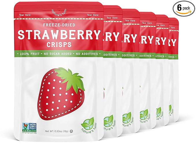 Nature’s Turn Freeze-Dried Strawberry Crisps – Healthy, Gluten-Free, Crispy & Delicious, Plant-Based Snack, Ideal for Cereal, Smoothies, School Lunches, & On-the-Go, Bags of 6 (0.53 oz Each)