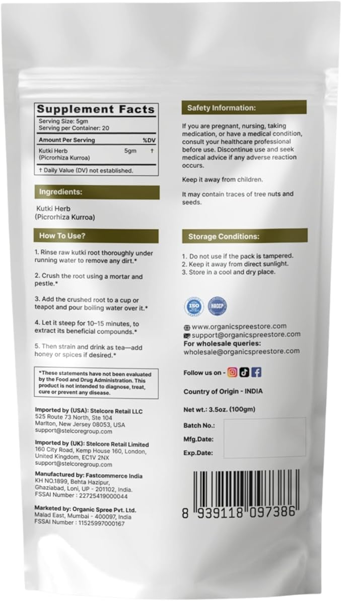 ORGANIC SPREE Kutki Herb 100gm (3.52oz) Picrorhiza Kurroa | Katuka Rohini | Pure and Natural - Pack of 2