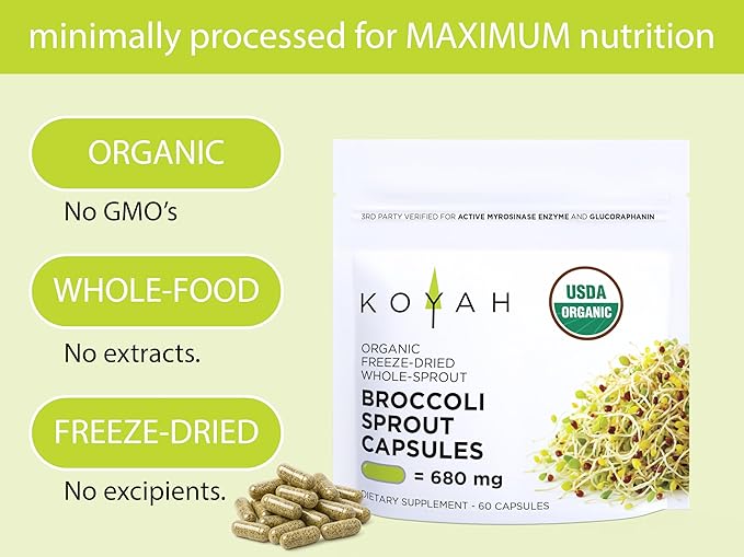 KOYAH - Organic Broccoli Sprout Capsules – Freeze-Dried Whole Broccoli Sprouts – 3rd Party Tested for Active Myrosinase & Glucoraphanin (Sulforaphane Glucosinolate) - 150 Capsules