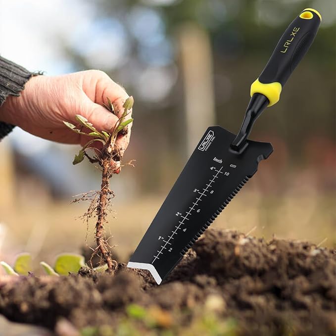 Gardening Shovel, Heavy Duty Stainless Steel Garden Transplant Shovel & Root Cutter, All-Purpose Hand Shovel with Serrated Edge for Digging & Transplanting, Yellow