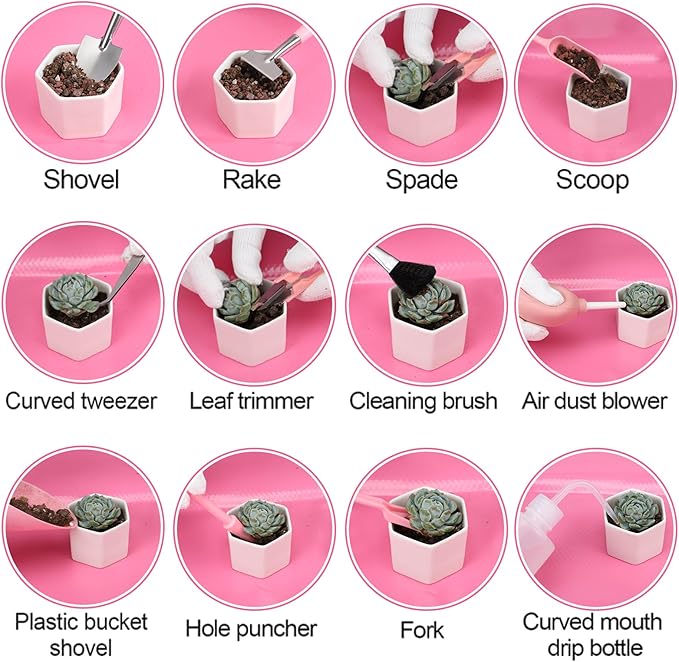 4pcs Small Gardening Tools Gifts for Women Beginners - Garden Hand Tools Set for Indoor Succulent Bonsai Plants Transplanting, Included Bag/Repotting Mat/Shovel/Labels, Pink