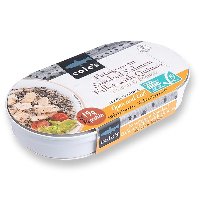 COLE’S - Patagonian Smoked Salmon Fillet with Quinoa| Ready to Eat Meal | 5.6 oz Hand-Packed Canned Fish | 19g Protein | High in Vitamin D | 1 Unit