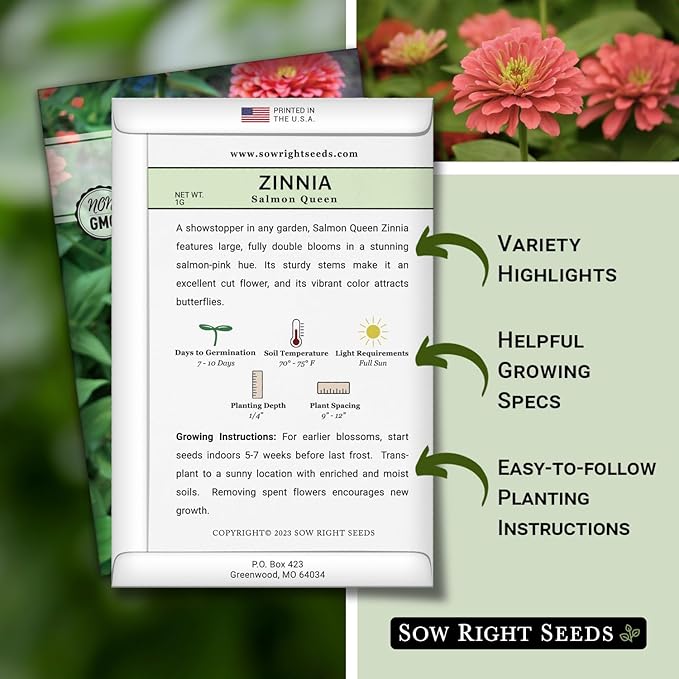 Sow Right Seeds - Salmon Queen Zinnia Seeds for Planting - Non-GMO Heirloom Packet to Plant & Grow an Outdoor Home Flower Garden - Annual, Giant Pink Blooms to Cut and Come Again (1)