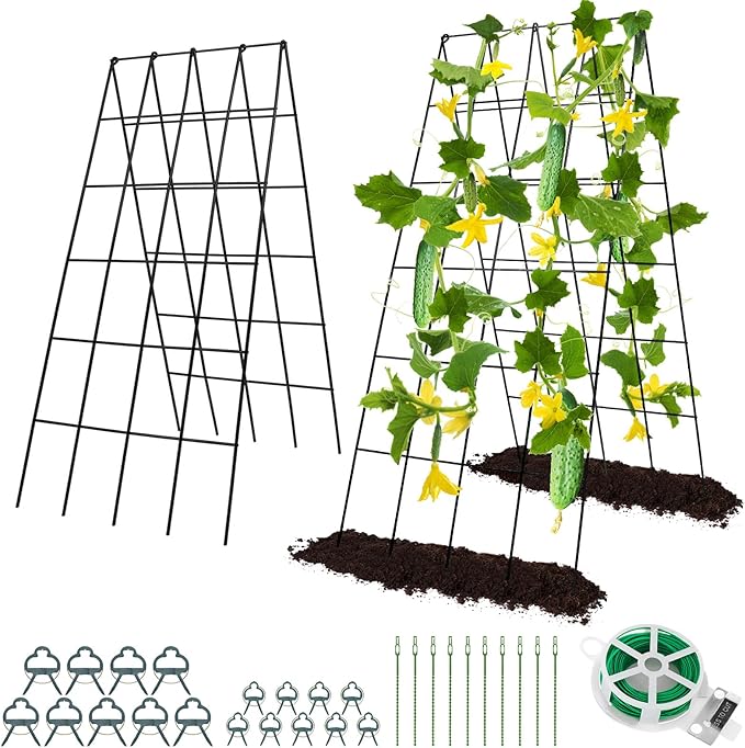 Cucumber Trellis for Raised Bed, Rifny 16.5 x 40 Inch Metal Trellis for Climbing Plants Outdoor with Plant Clips Twist Ties, Garden Plant A-Frame Trellis for Vegetable Pea Tomato (Black, 2 PCS)