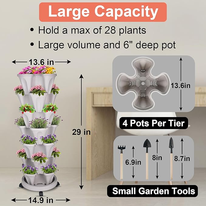 GameXcel Vertical Planter 7 Tier Stackable Planters Garden Planters Strawberry Herb Flower and Vegetable Planter Indoor Outdoor Gardening Pots with Removable Wheels and Tools