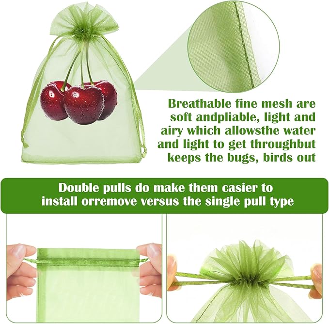 50 PCS 4X6 inches Fruit Protection Bags, Fruit Bags for Fruit Trees, Green Netting Fruit Cover Bags Drawstring Mesh Fruit Protectors Pest Barrier for Fruit Trees Veggies Garden