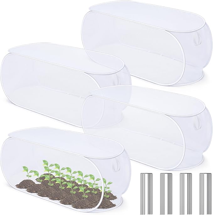 4 Pcs 39" x 18" x 16" Pop up Garden Mesh Plant Cover Outdoor Plant Protector Garden Row Raised Bed Cover with Ground Nails Crop Cage Net for Seedlings Vegetable Fruit Herbs (White)