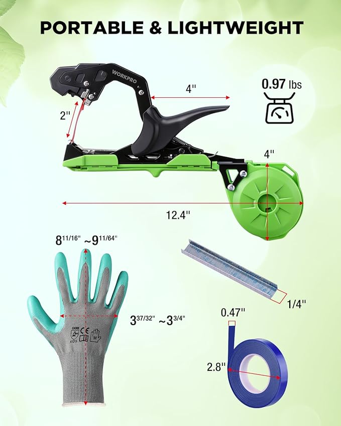 WORKPRO Plant Tying Machine, Lightweight Tape Gun for Tying Vines and Support Plants, Includes Gloves, 20 Rolls of Tape, 10000 Staples, Ideal for Tomatoes, Grapes, Cucumber and Vegetables