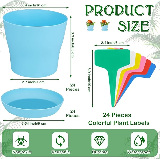 Aodaer 24 Pack 4 Inch Plastic Planters with Multiple Drainage Holes and Tray Indoor Outdoor Flower Plant Nursery Pots with Labels Flower Seedling Pots for Herb Garden Home Succulents, Blue