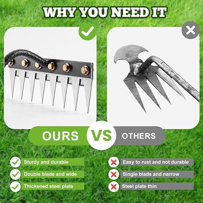 Garden Weeding Rake, Upgraded Detachable Weeder Puller Tool, Manganese Steel Iron Weeding Rakes for Weeding, Yard, Farm... (7 Tines)