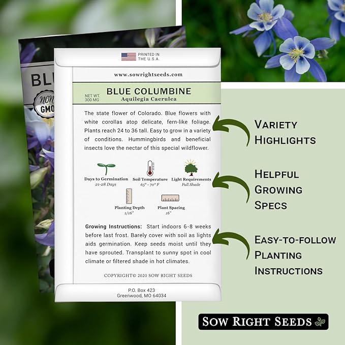 Sow Right Seeds - Blue Columbine Flower Seeds to Plant - Non-GMO Heirloom Packet With Instructions to Plant in Your Garden- Beautiful Perennial Flowers - Attract Hummingbirds, Bees and Butterflies (3)
