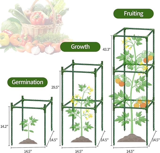 4 Pack Tomato Cages for Garden, 43.3 Inch Tall Tomato Trellis Plant Support, Adjustable Garden Trellis for Climbing Vegetables, Plants, Flowers and Fruits(14.5" x 14.5")
