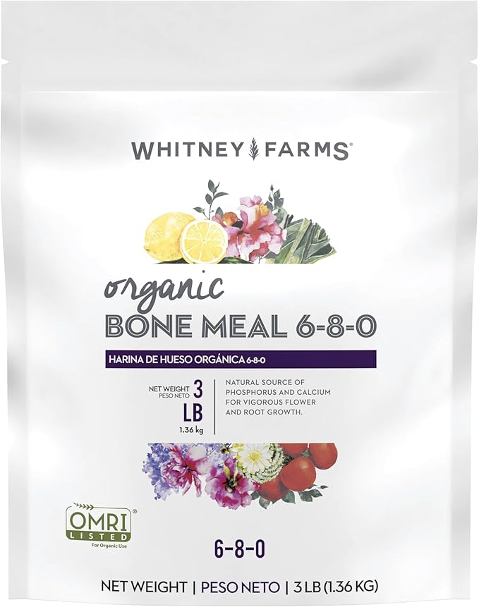 Whitney Farms Organic Bone Meal 6-8-0 - Phosphorus Fertilizer for Root Growth in Bulbs, Roses, Flowers, Vegetables, Trees and Shrubs - 3 lb.