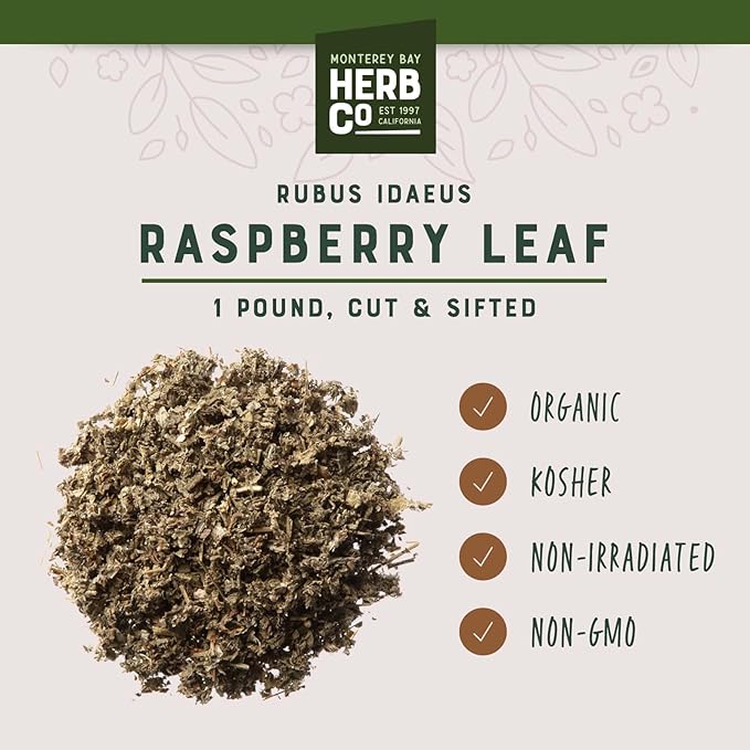 Monterey Bay Herb Co., Certified Organic Raspberry Leaf Cut & Sifted, 100% Natural, Kosher Berries (Rubus idaeus), Perfect for Organic Raspberry Leaf Tea & Herbal Remedies, 1 lb