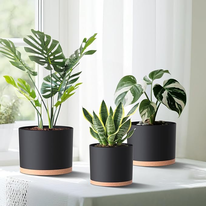 10/9/8 Inch Large Plant Pots with Drainage Holes and Trays, 3 Pack Modern Minimalist Cylinder Planters for Monstera, Snake Plant, Indoor Outdoor (Matte Black & Brown)