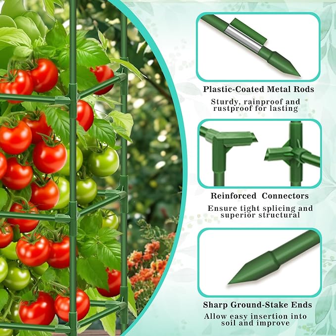 Riare 6 Pack Square Tomato Cages for Garden Plant Support- Up to 60 Inch Tomato Cage Garden Stakes Tomato Trellis for Potted Plants Raised Garden Bed Climbing Vegetables Flowers Outdoor Indoor
