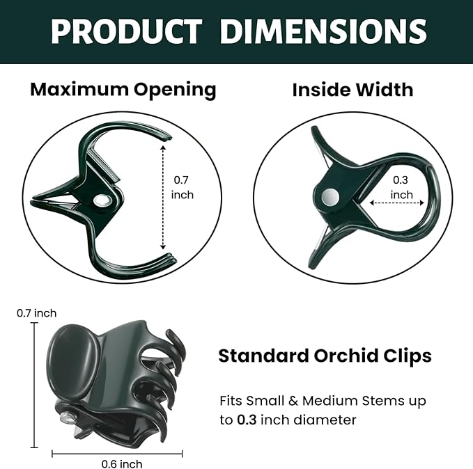 100 Pcs Standard Orchid Clips - 0.7-inch Max Opening, Dark Green Plant Support Clips, Gentle Hold with No Damage for Phalaenopsis and Small-Medium Stems