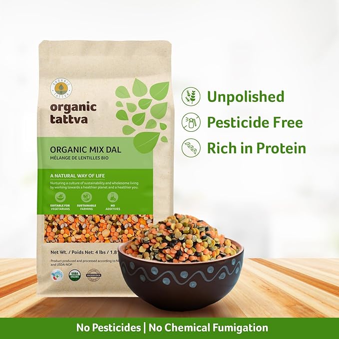 Organic Tattva Mix Dal (4 lbs) - Unpolished Lentils Organic, Gluten Free, Vegan & Kosher - High Protein Split Beans, Peas, Lentils Dry Mix - Pure Plant Based Nutrition - USDA Certified Legumes