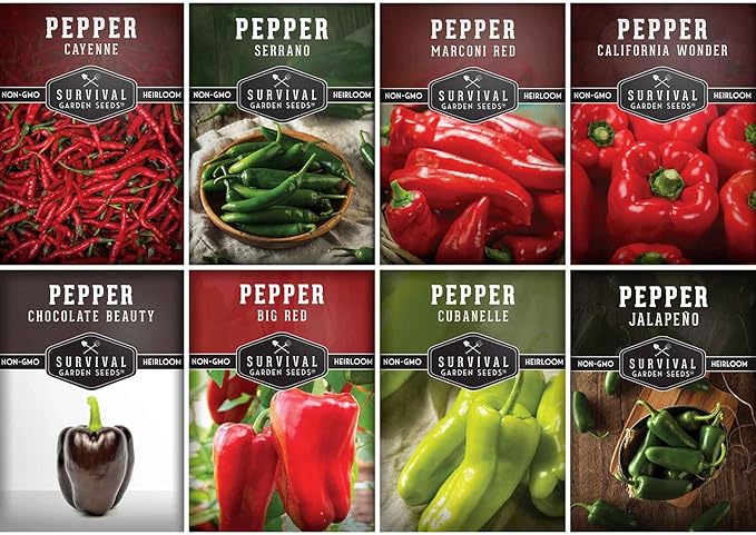 8 Pepper Seed Collection | Heirloom Varieties – Marconi, Chocolate Beauty, Cayenne & More | Non-GMO Seeds for Planting | Survival Garden Seeds