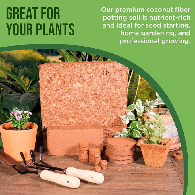 Coco Coir for Plants 6-Pack – 2.4 Gallons Compressed Coconut Coir Bricks, 1.5 lb. Bulk, Low EC, pH Balanced, Natural Coco Peat for Indoor & Outdoor Gardening, Potting Soil, Indoor Plant Soil