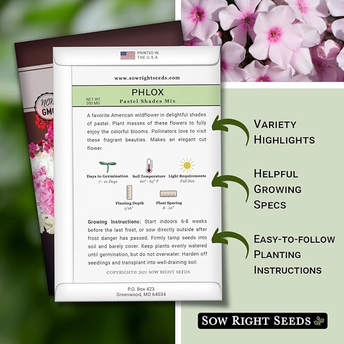 Sow Right Seeds - Pastel Shades Mixed Phlox Seeds for Planting - Beautiful Flowers to Plant in Your Home Pollinator Garden - Non-GMO Heirloom Seeds - Creeping Perennial with Pretty Flower Clusters (2)