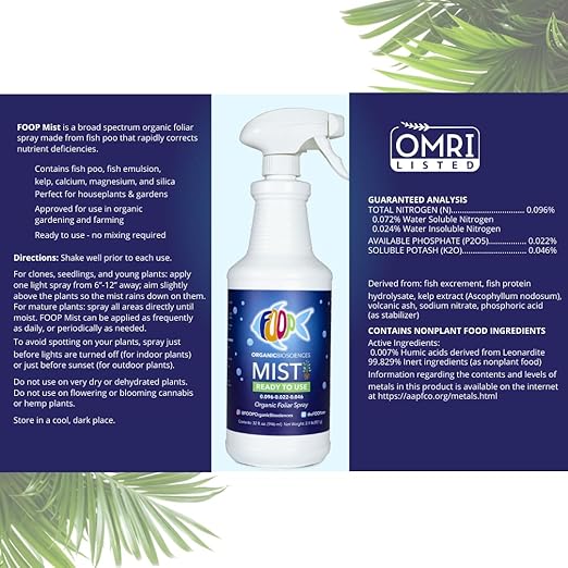 FOOP Mist Pack - Organic Foliar Spray Made from Fish Manure (with Fresh Minty Scent) | Corrects Plant Nutrient Deficiencies | Ready to Use, No Mixing Required (32oz Spray + 1G Refill)
