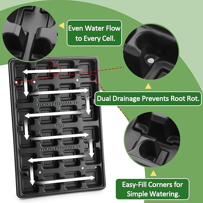RooTrimmer 24 Cell Nursery Pots Trays 10 Pack (17"x11"x1.6"), Reusable Plastic Plant Pot Tray with Drain Holes, Carrying Seed Starter Tray for Holding 2.8 inch (7CM) Square Nursery Pots (Black)