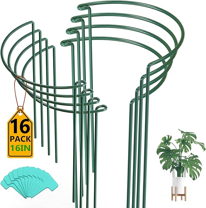 Breeze Touch 16 Pack Plant Support Stakes, 16 Inch Plant Stakes for Outdoor Plants, Peony Cage with 15 Pcs Green Lables, Peony Cages and Supports, Peonies Support Cages Flower Stakes for Plants