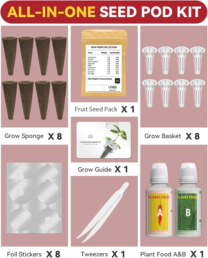 LYKOCLEAN 8-pod Fruits Seeds Pod Kit for AeroGarden, iDOO, Ahopegarden Hydroponics Growing System, 350+ Seeds (Include Red Strawberry, Tomato, Green Pepper, Eggplant, Peas, Cucumber, Okra, Pumpkin)